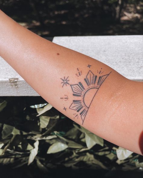 Filipino Sun Tattoo Women Small, Simple Philippines Tattoo, Tiny Filipino Tattoo, Filipino Culture Tattoos, Philippines Sun Tattoo Woman, Minimal Filipino Tattoo, Fine Line Philippine Tattoo, Filipino Sibling Tattoo, Filipino Batok Tattoo Design