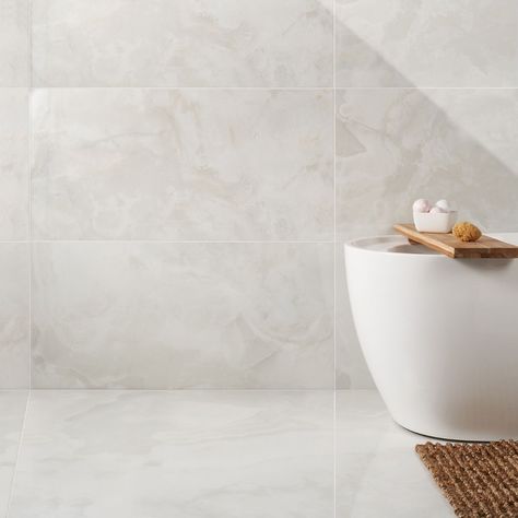 Jewel Onyx White 24x48 Polished Porcelain Tile | Tilebar.com California Bathroom, Stone Look Porcelain Tile, Tiles Kitchen Floor, Feature Wall Tiles, Shower Remodel Ideas, Floor Tiles Kitchen, Tiles Kitchen Backsplash, Bathroom Feature Wall, Kitchen Floor Tiles