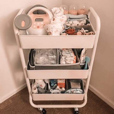 How to Make a Nursing Cart (FREE Checklist!) - Birthing Balance Bedside Cart For Baby And Mom, Nursery Cart Essentials, Newborn Trolley Cart, Bed Side Cart For Newborn, Newborn Cart Organization, Bedside Nursing Cart, Baby Trolley Organiser, Bedside Cart For Newborn, Cart For Baby Supplies