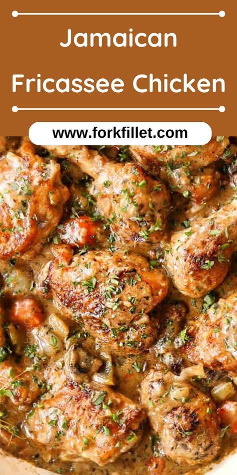 Looking for a yummy Caribbean dish? Try Jamaican Fricassee Chicken Recipe! Authentic Jamaican Jerk Chicken Recipe, Jamaican Chicken Recipes, Caribbean Chicken Recipes, Chicken Fricassee Recipe, Jamaican Sunday Dinner Ideas, Fricassee Chicken, Chicken Pillows Recipe, Jamaican Chicken, Caribbean Chicken