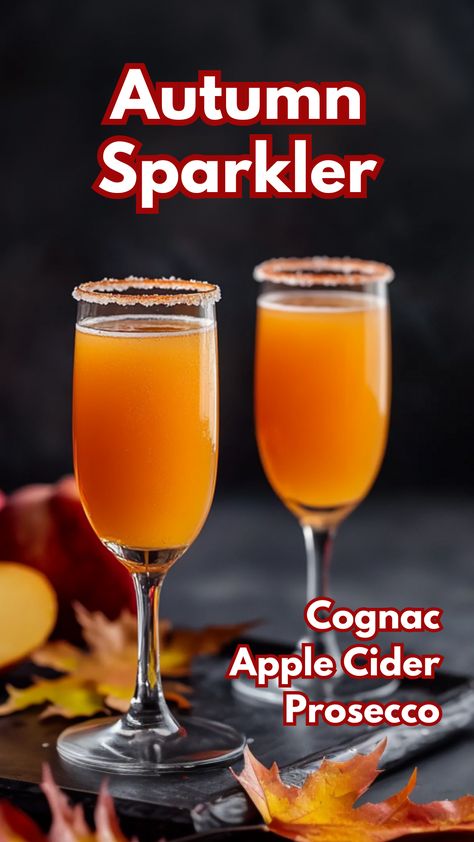 Autumn Sparkler Cocktail Cider Prosecco Cocktail, Apple Champagne Cocktail, Apple Cider And Prosecco, Fall Prosecco Punch, Autumn Martini Recipes, Fall Prosecco Cocktails, Fall Beverages Alcohol, Fancy Alcoholic Drinks, Apple Cider Prosecco