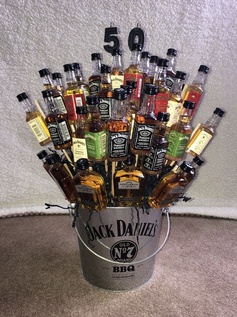 Gifts For Dad 50th Birthday, 50th Birthday Hamper Ideas, Gift For 50th Birthday Man, Jack Daniels Bouquet, 50th Birthday Present Ideas For Men, 50th Birthday Gift Ideas For Men, Diy 50th Birthday Gifts, Dad 50th Birthday Gift, Mini Bottle Bouquet