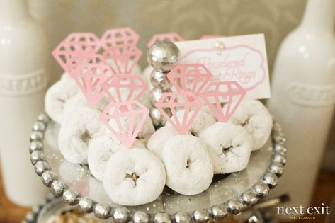 How cute for the morning of the bachelorette party?  @sarah Keenan I'm gonna need those diamond stick things! Donut Rings, Creative Bridal Shower Ideas, Bar A Bonbon, Bridal Shower Brunch, Bachelorette Party Games, Birthday Surprise Party, Bridal Brunch, Morning Wedding, Here Comes The Bride