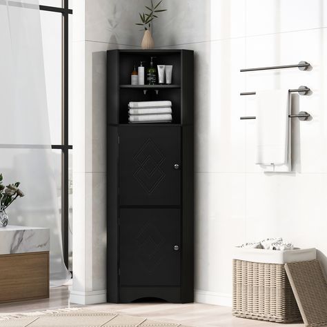 Specification Color:Black Material:MDF board Shape:Triangle Capacity:20lbs each shelf Adjustable Shelf:Yes Number of Drawers:0 Number of Doors:2 Anti-dumping Device:Yes Package Include:Cabinet, hardware, instruction Country of Origin:China Certificate:… Corner Pantry Cabinet, Corner Bathroom Cabinet, Bathroom Corner Cabinet, Tall Corner Cabinet, Tall Bathroom Storage Cabinet, Tall Bathroom Storage, Armoire D'angle, Storage Cabinet With Doors, Bathroom Freestanding