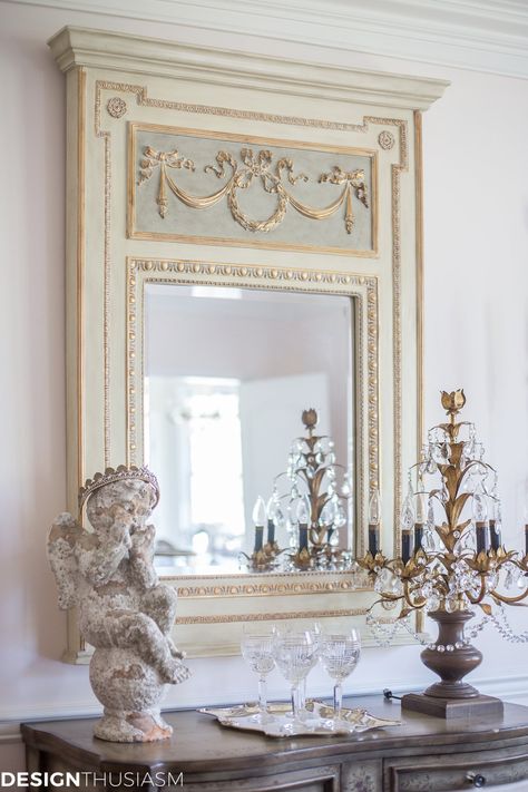 Love French style but don’t love the expense of high end antiques? Here are 10 ways to save money on French decor by mixing real and faux. Diy Trumeau Mirror, French Country Style Bathroom, French Nouveau, French Country Mirrors, French Antique Mirror, Mirrors Diy, Diy French Country Decor, Country Style Bathrooms, Mantle Decorating