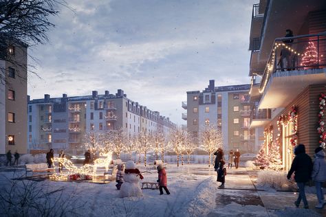 4 Pory Roku | Commercial on Behance Co Housing, Scandinavian Architecture, Visual Narrative, Architectural Competition, 3d Architectural Visualization, Winter Mood, Public Realm, Happy Winter, True Value