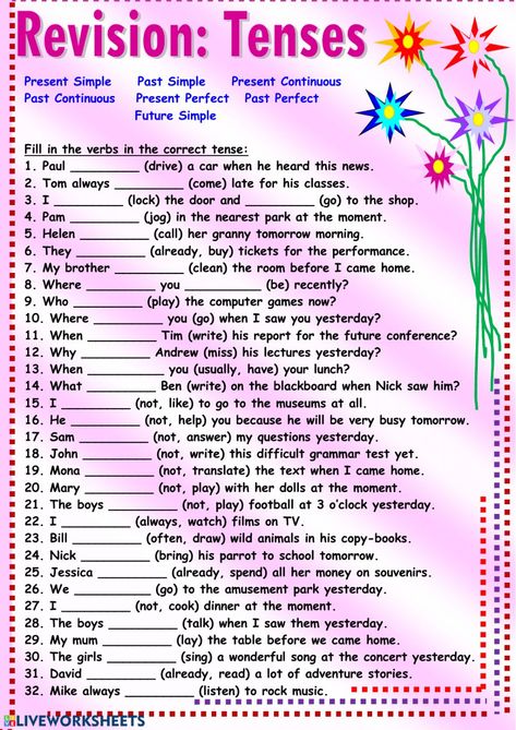 English Tenses Exercises, Tense Worksheet, Tenses Exercises, English Grammar Test, All Tenses, Tenses Grammar, Tenses English, English Grammar Tenses, English Grammar Exercises