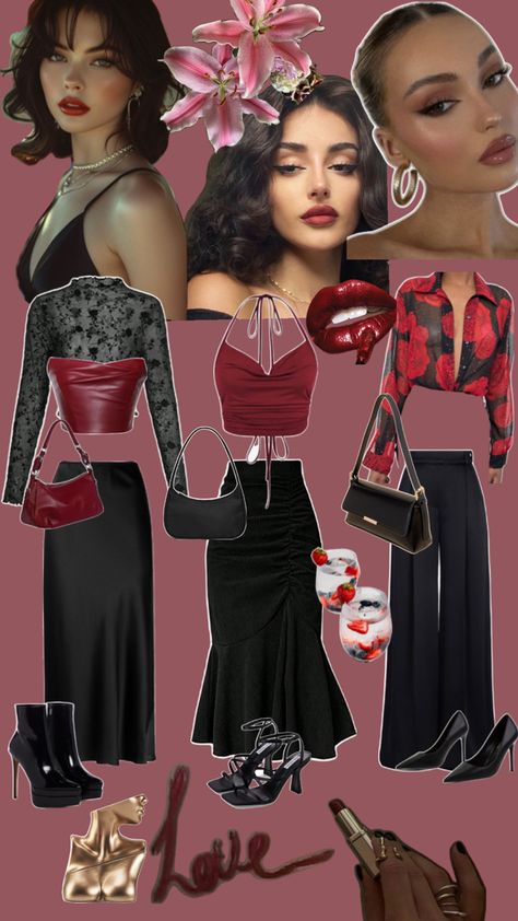 Red and black feminine outfits Black Feminine Outfit, Romantic Style Outfit, Dark Feminine Style, Feminine Aesthetic Outfits, Rave Fits, Feminine Outfits, Feminine Romantic, Clean Look, Dark Romantic