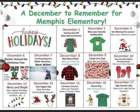 Holiday School Spirit Days, Winter Theme Days For School, Christmas Spirit Week Elementary School, December Sunshine Committee Ideas, Christmas Spirit Days School, Christmas Work Theme Days, Holiday Spirit Week Ideas School, Christmas Themed Days At School, Sunshine Committee Christmas Ideas