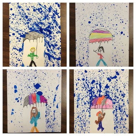 This splatter-paint project is great for integrating art into your study of rain / weather.  (Photo Only) Weather Art, Rain Weather, Weather Crafts, Weather Theme, Kindergarten Art Projects, Rain Art, Art Projects For Kids, Umbrella Art, Splatter Paint