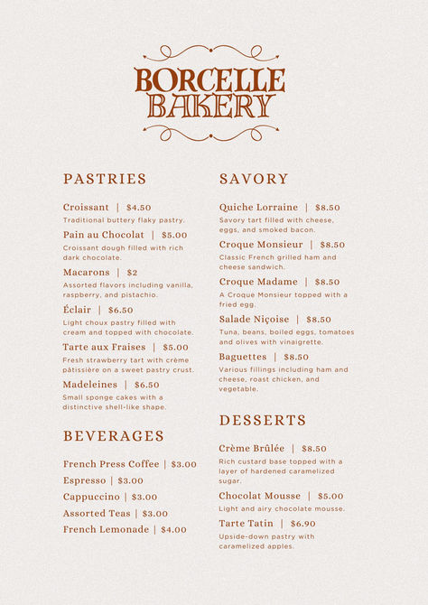 Neutral Brown Vintage Classic French Cafe Bakery Menu French Cafe Menu Design, Beautiful Menu Design, Patisserie Menu Design, Sweet Menu Design, Menu Bakery Design, Cookie Menu Design, Cake Menu Design Ideas, Home Bakery Menu Ideas, Pastry Menu Design