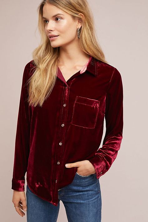 Velvet Buttondown | Cozy Fall Tops Velvet Button Up Shirt, Anthropologie Clothing, Elegant Blazers, Velvet Clothes, Velvet Shirt, Burgundy Wine, Wine Color, Red Burgundy, Velvet Tops