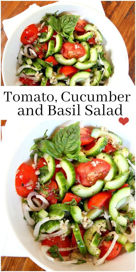 Mediterranean Basil Recipes, Tomato Onion Basil Salad, Salads With Fresh Basil, Tomato Basil Salad Dressing, Tomato Cucumber Basil Salad, Basil Tomato Recipes, Food With Basil, Basil Side Dishes, English Cucumber Recipes Healthy