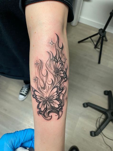 Burn Burn Burn Tattoo, Butterfly With Fire Tattoo, Burning Flower Tattoo, Complicated Tattoos, Flaming Butterfly Tattoo, Burning Butterfly Tattoo, Cloud Arm Tattoo, Fire Flames Tattoo, Fire Butterfly Tattoo