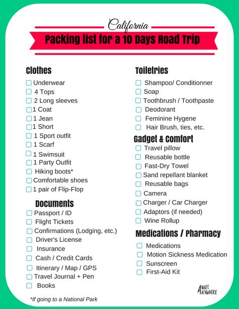 What to pack for a 10 days road trip in California,  between San Francisco and Los Angeles. | Practical printable list. 10 Days Beach Vacation Packing, 10 Days Vacation Packing, Packing List For Vacation 10 Days, 10 Day Travel Packing List, 10 Days Packing List Summer, 10 Days Travel Packing, Packing List 10 Days Summer, What To Pack For Los Angeles, What To Pack For A 10 Day Trip