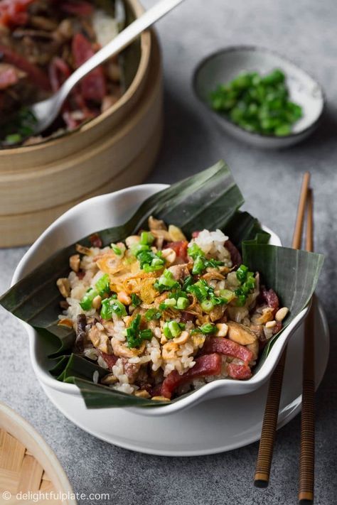 This flavorful steamed chicken sticky rice features soft-chewy sticky rice, chicken, shiitake mushrooms and sweet sausages (lap cheong). Everything is cooked together in a bamboo steamer and then served with popular toppings for savory sticky rice. Food Aethestic, Bamboo Steamer Recipes, Sticky Rice Recipe, Lap Cheong, Vietnamese Foods, Recipe Inspirations, Asian Noodle Dishes, Vietnamese Chicken, Asian Side Dishes