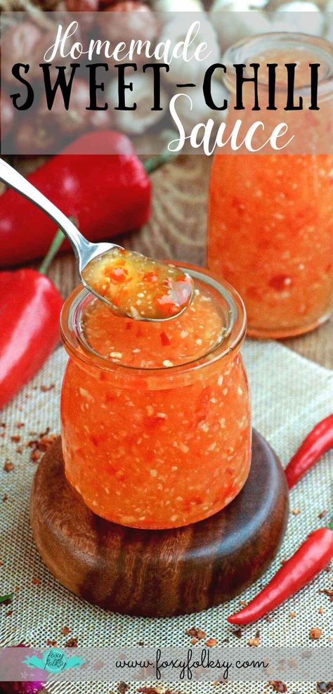 This Homemade Sweet Chili Sauce has a delicious balance of sweetness and tanginess with a spicy kick - a perfect dip to level up your favorite fried, grilled, and roasted dishes. Why buy one, when you can make it yourself? Sweet And Spicy Thai Sauce, Sweet Thai Chili Sauce Canning Recipe, Canned Thai Sweet Chili Sauce, Canning Thai Sweet Chili Sauce, Sweet Chilli Sauce Recipe Easy, Thai Sweet Red Chili Sauce, Diy Sweet Chili Sauce Easy, Homemade Sweet Chilli Sauce Recipe, Canned Sweet Chili Sauce