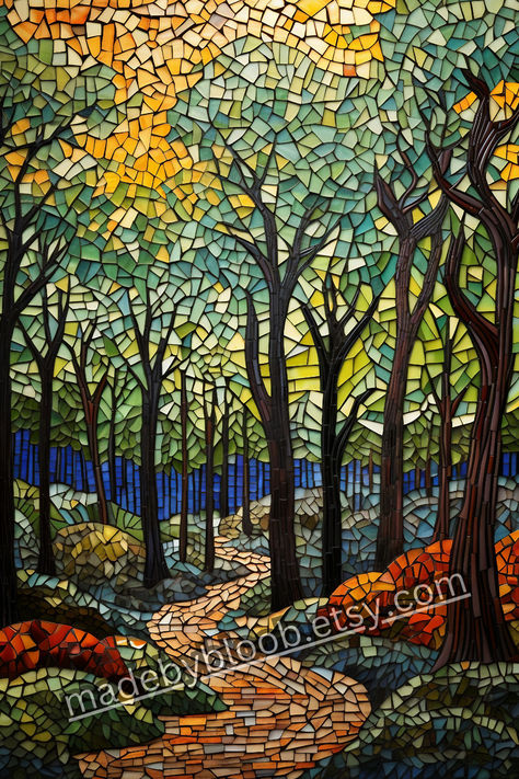 Forest Mosaic, Mosaic Trees, Mosaic Landscape, Landscape Mosaic, Rivers And Roads, Trail Signs, Mosaic Art Projects, Glass Mosaic Art, Tile Mosaic