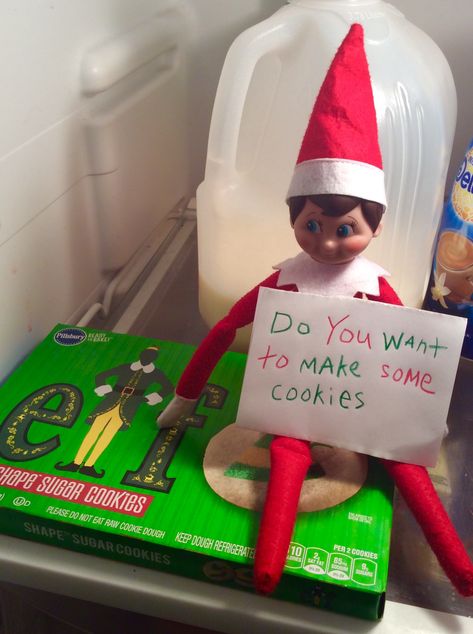 Elf On The Shelf Milk And Cookies, Elf On The Shelf Best Ideas, Food Elf On The Shelf Ideas, Cookie Elf On The Shelf, Elf On The Shelf Cinnamon Rolls, Elf On The Shelf Lets Make Cookies, Elf On The Shelf Bake Cookies, Elf On The Shelf Ideas Flour, Elf Baking Cookies