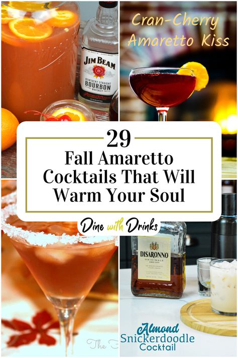 Collage of 4 fall amaretto cocktails. Amaretto Whiskey Drinks, Creamy Amaretto Drinks, Drink With Amaretto, Amaretto Liqueur Recipes, Tequila Amaretto Drinks, Fall Drinks With Amaretto, Sweet Fall Cocktails, Fall Amaretto Cocktails, Amaretto Apple Cider Cocktail