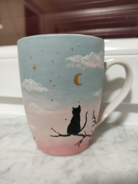 #cat #catcup #handpainted #handpaintedcup #cup #cupswithcats Cat Mug Pottery Painting, Cat Pottery Painting Ideas, Pottery Mugs Painting Ideas, Paint A Pot Ideas Mug, Pottery Painting Cup Ideas, Moon Pottery Painting, Clay Cup Painting Ideas, Paint Your Own Mug Ideas, Clay Mug Painting Ideas