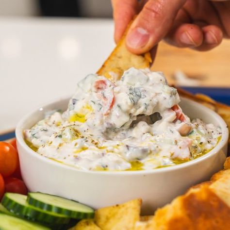 Salad Dip Recipe, Gina Livy, Classic Greek Salad, Salad Dip, East Coast Kitchen, Gluten Free Party Food, Dill Pickle Pasta Salad, Greek Dip, Coast Kitchen