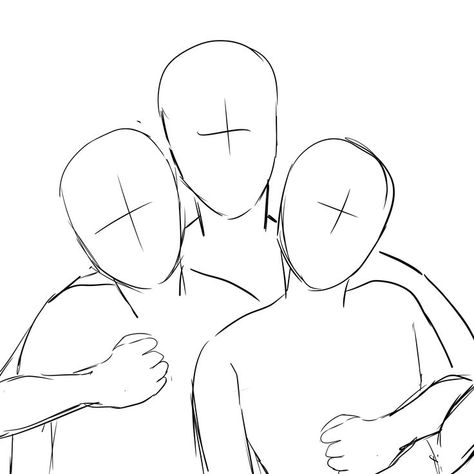 Three Friends Drawing Base, Trio Body Base Drawing, Trio Hugging Reference, Trio Sketch Poses, Three People Hugging Drawing Reference, Trio Poses Drawing Reference, Best Friend Sketches Friendship, Drawing Reference Trio, Anime Hugging Poses