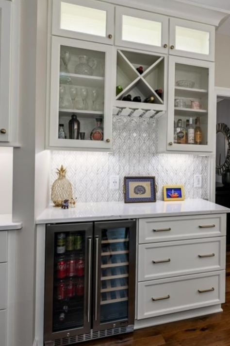 Wine And Beer Fridge Bar Areas, Beverage Station With Wine Rack, Wine And Drink Fridge, Kitchen With Beverage Fridge, Beverage Bar Station, Beverage Area In Kitchen, Beverage Center Built In, Drink Station Home Beverage Center, Wine Cabinets Ideas