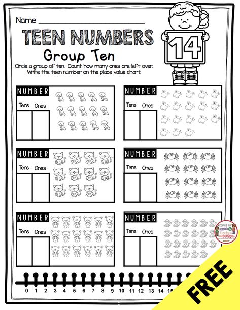 FREEBIE TEEN NUMBERS and place value freebies - base ten blocks and practice making a group of ten plus ones - tricky teens try free activities and math centers - place value worksheets for kindergarten and first grade #kindergartenmath #firstgrademath #kindergarten Groups Of Ten First Grade, Tens And Ones First Grade, Tens And Ones Activities, Teen Numbers Kindergarten, Value Worksheet, Worksheet Math, Centers Kindergarten, Place Value Worksheets, Numbers Worksheet