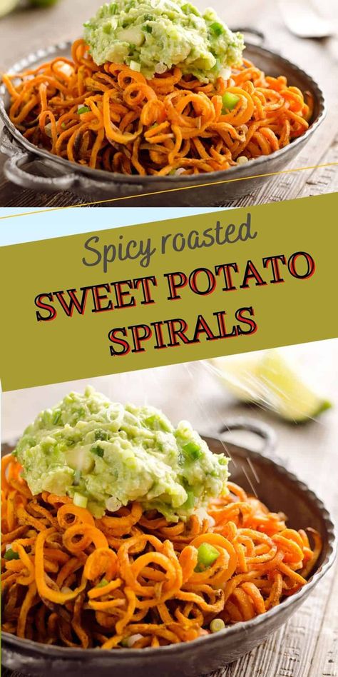 Spicy Roasted Sweet Potato Spirals with Guacamole Potato Spirals, Crispy Sweet Potatoes, Appetizers Vegan, Bulletproof Recipes, Spiralized Sweet Potato, Crispy Sweet Potato, Gluten Free Sides Dishes, Roasted Sweet Potato, Veggie Noodles