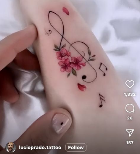 Flower With Music Notes Tattoo, Sakura Moon Tattoo, Treble Clef Tattoo With Flower, Trouble Clef Tattoo, Spine Tattoos For Women Music, Feminine Music Tattoos, Musical Note Tattoos For Women, Music Inspired Tattoos For Women, Musical Tattoos For Women