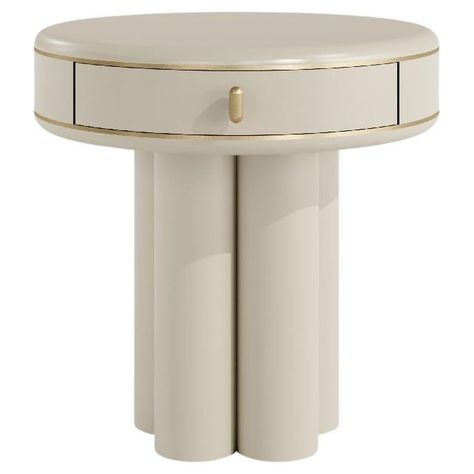 The Ethereal bedside table exudes sophisticated luxury with its graceful design. With a round top and cylindrical legs, this piece can be finished in lacquered or wood, providing versatility for different decor styles. Inspired by natural forms, the table incorporates a discreet drawer and antique brass details, combining practicality with aesthetic charm, making it a perfect addition to any sophisticated bedroom. Show in structure Lacquered LAM03 and details & handle Antique Brass MT01. Essence Round Bed Side Table, Night Stand Design, Minimal Bedside Table, Modern Bedside Table Design, Row Housing, Organic Modern Furniture, Round Bedside Table, Leather Bedside Table, Round Bedside