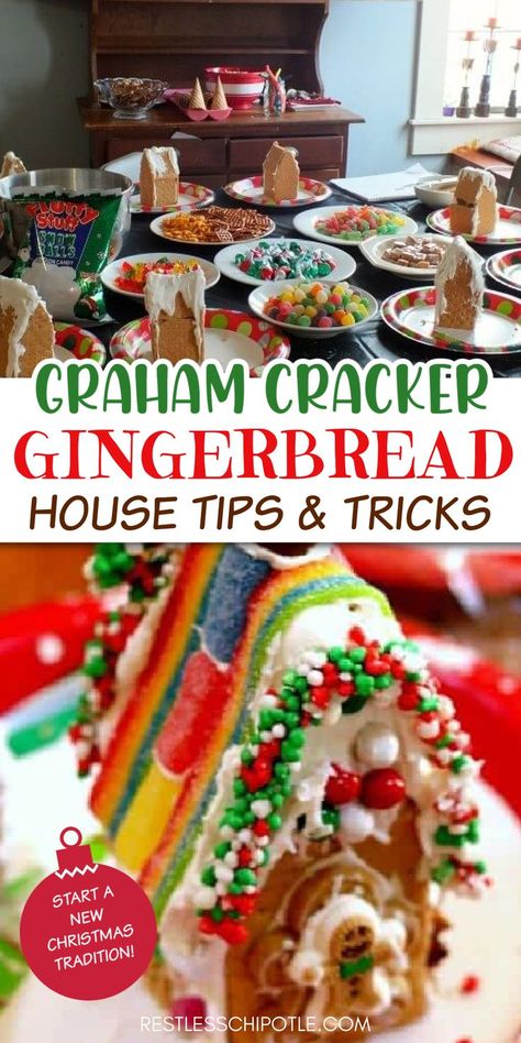 Every year we make Graham Cracker Gingerbread house with all the kids (and adults!). Here are all my tips & tricks for your new Christmas tradition! These cute houses are so easy to put together once you learn how to do it. Graham Cracker Gingerbread Houses For Kids, Making Gingerbread Houses With Graham Crackers, Easy Cheap Gingerbread House, How To Make Your Own Gingerbread House, Gingerbread Houses From Graham Crackers, Gingerbread House Diy Graham Crackers, Diy Gingerbread House With Graham Crackers, How To Make A Gingerbread House Out Of Grahm Crackers, Easy Gingerbread Houses For Kids