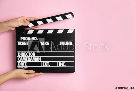 Stock Image: Woman holding clapperboard on pink background, closeup with space for text. Cinema production Aesthetic Pics, Pink Background, Adobe Stock, Aesthetic Pictures, Close Up, Hold On, Stock Images, Stock Photos, Pink