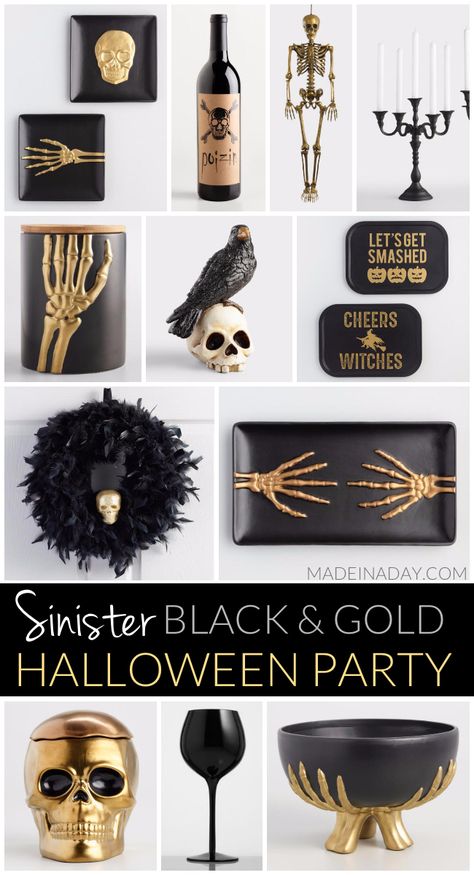 Terrify your Guests with a Sinister Black and Gold Halloween Party @madeinaday for @worldmarket #worldmarket #ad #worldmarkettribe Black gold, skeleton, feather wreath, black wine glasses, gold skeleton All Black Halloween Decor, Black And Gold Halloween Decor, Gold Halloween Decor, Classy Halloween Decorations, Black And Gold Halloween, Art Deco Halloween, Black Wine Glasses, Läskig Halloween, Gold Halloween