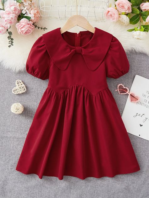 Red Cute Collar Short Sleeve Woven Fabric Plain Smock Embellished Non-Stretch  Girls Clothing Simple Frock Designs For Girl, Hakoba Frock, Frock Designs For Girl, Red Frock, Frock Models, Spanish Outfits, Frocks For Kids, Simple Frock Design, Frock Style