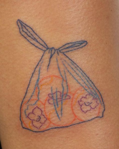 Bag Of Oranges Tattoo, Grocery Tattoo, Colorful Stick And Poke, Marmalade Tattoo, Mangosteen Tattoo, Orange Peel Tattoo, Starfruit Tattoo, Fruit Sticker Tattoo, Passionfruit Tattoo