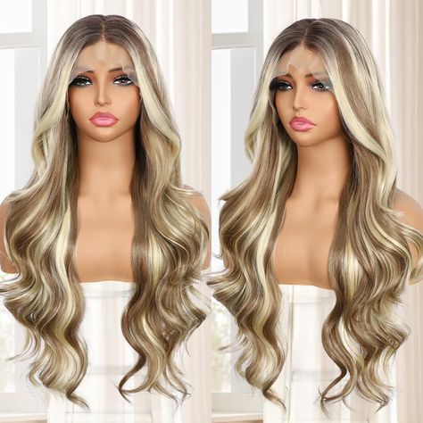 PRICES MAY VARY. Lace Front Wig: The Blonde mix brown lace front wig has 13x4 inches large lace frontal area with natural hairline for free parting. Long wavy wigs have transparent Swiss HD Lace, Soft and Breathable. Middle or side parting? Natural hair shine like human hair.Up to you High Quality: The Body Wave Wig is Made of High Quality Heat Resistant Synthetic Fiber, 150% Density, Tangle-Free, Minimum Shedding, Soft and Bouncy, curly wig is Full Enough Wig Cap: Blonde mix Brown Wig for women Bun Braids, Brown Lace Front Wig, Brown Lace Front, Highlight Wig, Long Wavy Wig, Side Parting, Wavy Wigs, Wavy Wig, Wig Stand