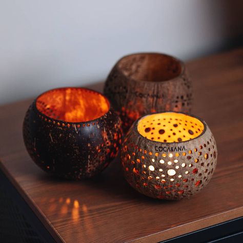 Coconut Shell Decor, Coconut Shell Art Ideas, Coconut Shell Ideas, Shell Tealights, Coconut Shell Crafts Unique, Coconut Shell Crafts Diy, Coconut Shell Products, Coconut Shell Art, Coconut Crafts