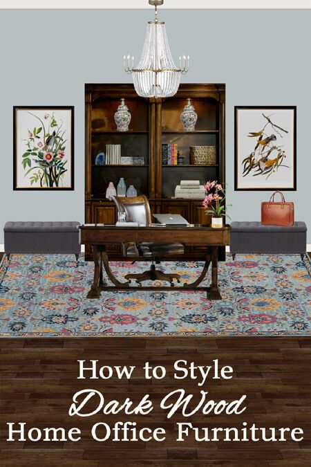 how to style dark wood furniture to make it feel lighter and brighter. how to style a bookcase. how to arrange a dark wood bookcase. Home inspo. Room ideas. Home decor. Room decor. Home. House interior. how to decorate with dark wood furniture. Mahogany Office Decor, Home Office Cherry Wood, Cherry Office Furniture, Home Office With Dark Wood Furniture, Dark Office Furniture, Dark Brown Office Desk, Mahogany Desk Office Decor, Cherry Office Furniture Decor, Dark Furniture Office