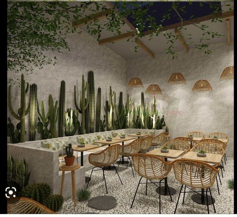 Latin Cafe Interior Design, Desert Restaurant, Cactus Restaurant, Cactus Cafe, Cactus Bar, Boho Restaurant, Theme Cafe, Acacia Wood Furniture, Ruang Tamu Outdoor