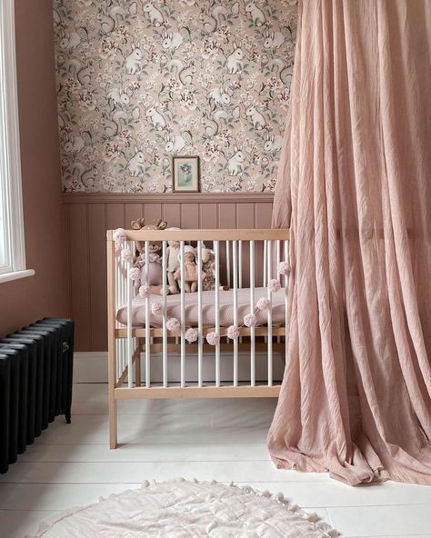 Photo by raising.seb.and.evie Board And Batten With Wallpaper Bedroom, Dusty Pink Bedroom, Nursery Inspiration Girl, Pink Baby Room, طفلة حديثة الولادة, Nursery Interior, Rose Nursery, Nursery Room Design