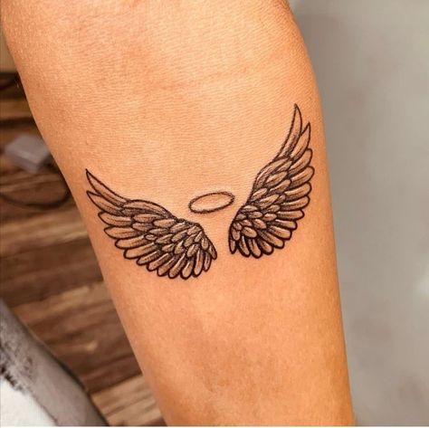 Angel Wings Remembrance Tattoo, Angel Wings Leg Tattoo, Angel Wing And Halo Tattoo, Wings Tattoo Design For Women, Angel Wing Tattoo For Men, Wings Tattoo Leg, Small Wings Tattoo Design, Angels Tattoo For Women, Small Angel Wing Tattoos For Women