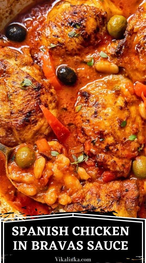 Try my Spanish Chicken recipe and add a touch of Mediterranean flare to your dinners! Spanish paprika flavoured chicken thighs are braised in a rich and tangy tomato sauce along with white beans and olives. Serve with rice and a simple salad. Chicken Casatorie Recipes, Spain Chicken Recipes, Baked Chicken With Red Sauce, Medditeranean Chicken Thigh Recipes, Chicken With Beans Recipes, Spain Dishes Recipes, Chicken Spanish Recipes, Spanish Chicken Recipes For Dinner, Chicken With Bones Recipe