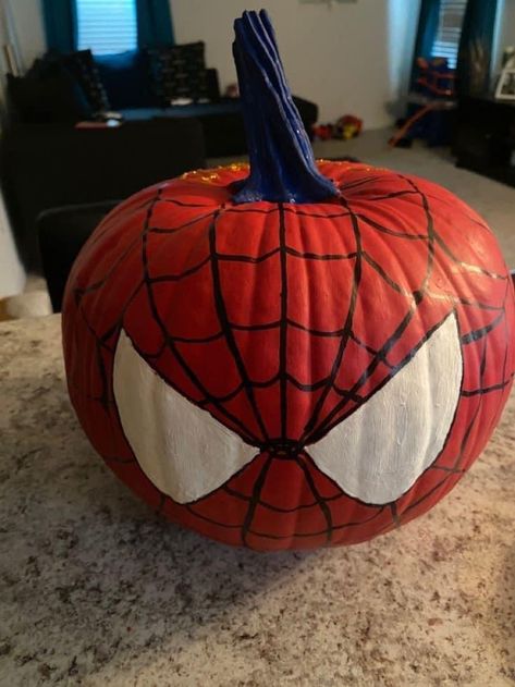 Spider Man Pumpkin Painting Ideas, Pumpkin Painting Ideas Mini Pumpkins, Mini Pumpkin Designs, Things To Draw On A Pumpkin, Pumpkin Carving Ideas With Paint, Spiderman Painted Pumpkin, Iron Man Pumpkin Painting, Mini Pumpkins Painting Ideas, Pumkin Decoration Ideas Easy Paint