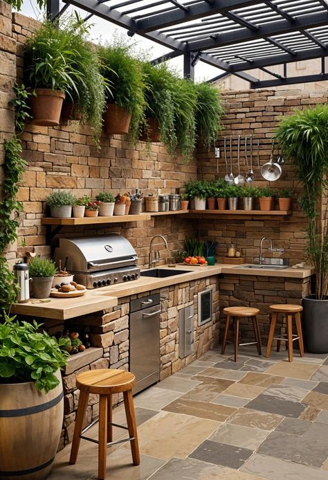 Outdoor Bar And Kitchen Ideas, Industrial Outdoor Kitchen, Outside Kitchen Ideas Outdoor Spaces, Barbecue Ideas Backyard, Pergola Kitchen, Summer Kitchen Outdoor, Kitchen Patio Ideas, Outdoor Kitchen Patio Ideas, Outdoor Kitchen Garden