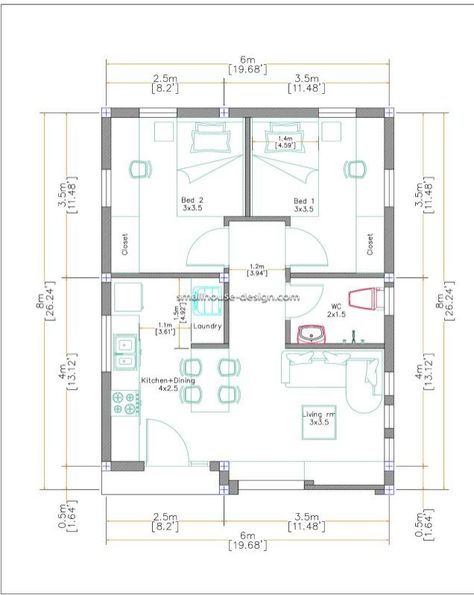 Small House Layout 6 X 8 House Plan, Two Bedroom Flat Floor Plans, 2 Room Flat Design, 48 Sqm House Design, Small House 2 Bedroom Plans, Simple Floor Plans Small, Small 2 Floor House, 60 Square Metre House Plans, 100 Sqm House Design Floor Plans