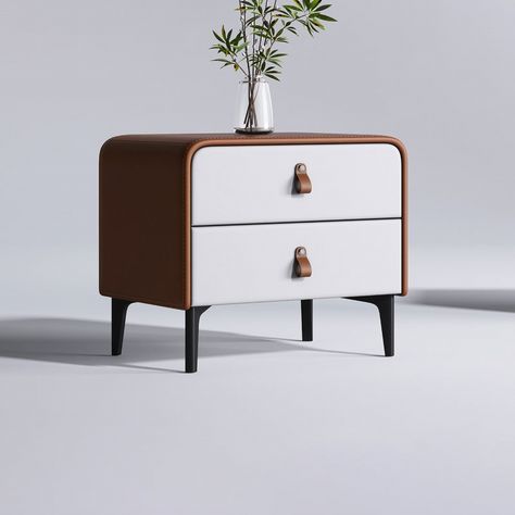 Impeccable design, this attractive wooden 2 drawer nightstand is perfect to be used in the living area, next to your sofa sitting or in the bedroom area next to your bed. Sturdily constructed. It features two spacious drawers with leather pull-out handle design to offer multiple storage options to your commodities. The graceful combination of leather upholstery and metal legs to bring refined minimalism that pleases the eye. The boards are thick-cut for structural integrity, surfaces are resilie Wooden Bed Side Table, Bed Side Table Design, تصميم الطاولة, Designer Aesthetic, Aesthetic Interior, Decorating Bedroom, Bedside Table Design, Прикроватные Тумбочки, Interior Wallpaper