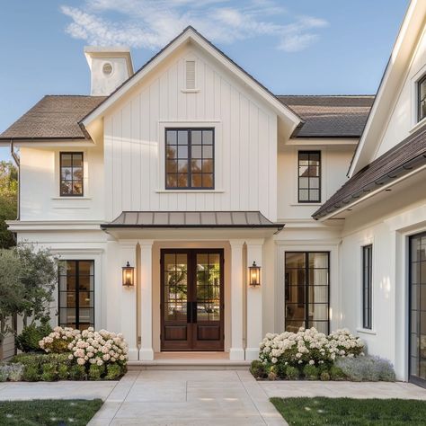 Front Porch With Door On Side, House Exterior Farmhouse Modern, Simple Modern Farmhouse Exterior, Cozy Exterior House Colors, White House Siding Exterior, Updated Farmhouse Exterior, Tan Shingle Roof, Portico Backyard, Modern Cozy Home Exterior