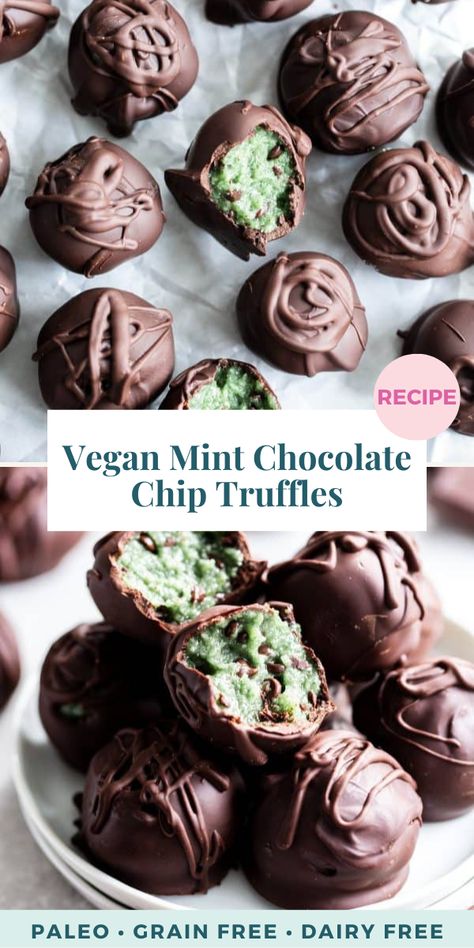 These decadent, rich and gooey mint chocolate chip truffles are a must try for all you mint chocolate lovers! A mint chocolate chip cookie dough filling is dipped in dark mint chocolate for the perfect healthier holiday treat. They’re grain free, dairy free, vegan, and fun to make! Vegan Chocolate Mint Cookies, Vegan Mint Recipes, Healthy Truffle Recipes, Vegan Christmas Recipes Dessert, Chocolate Chip Truffles, Minty Desserts, Vegan Holiday Desserts, Mint Desserts, Cookie Dough Filling